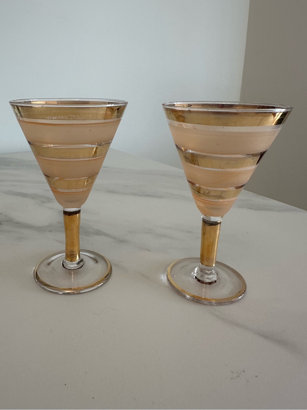 Vintage Gold-Trimmed Peach Frosted Coctail Glass w/ Pedestal Stems x2
